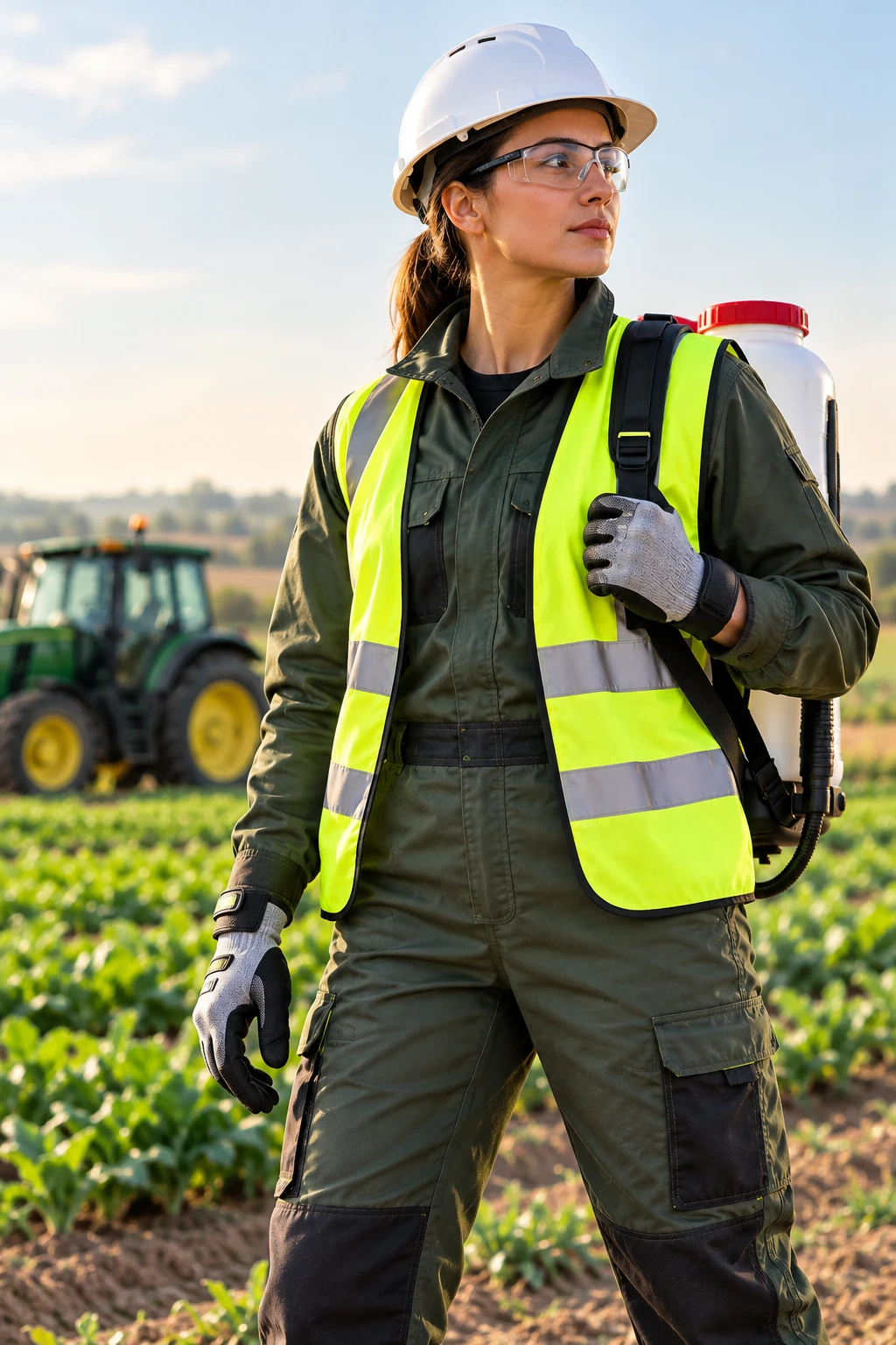 Ouvrier en gilet haute visibilité, combinaison, casque, lunettes et gants