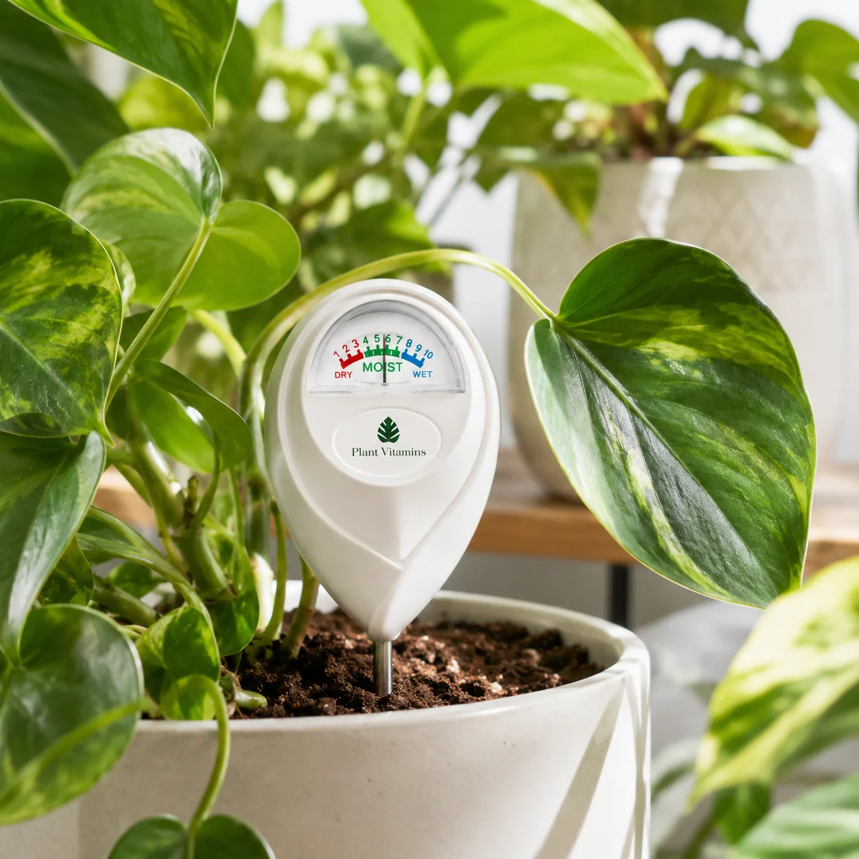 Humidimètre planté dans un pot de plante